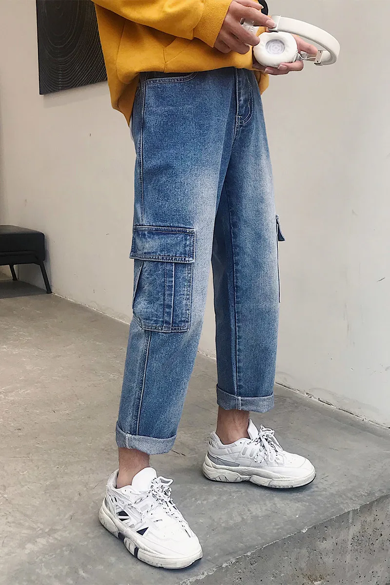 

2019 Spring And Autumn Pants Male Korean Version Of The Trend Loose Ins Overalls Casual Straight Jeans Men Blue 27-34