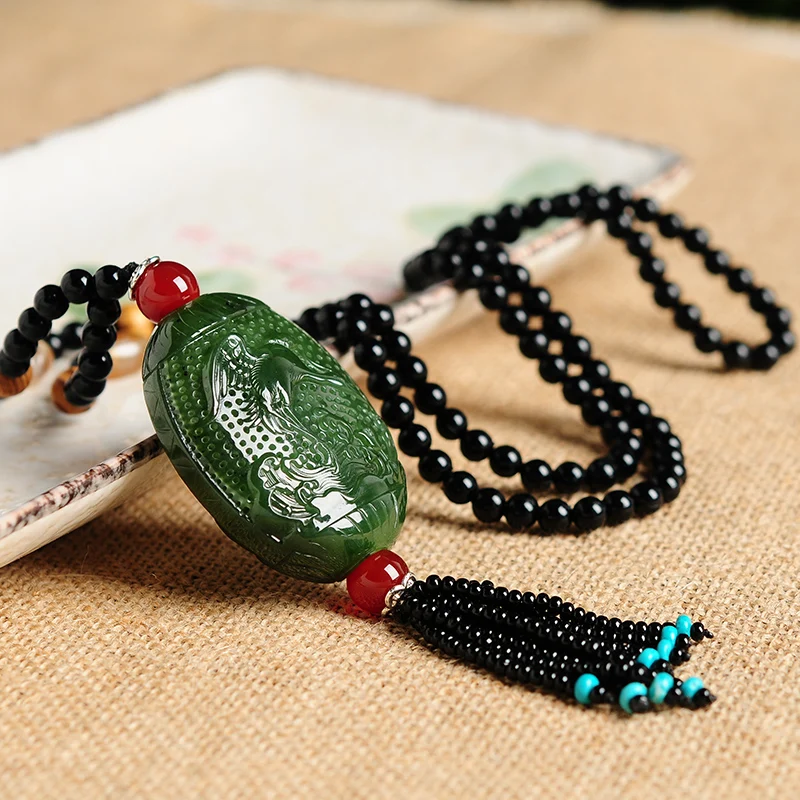 Buy Original hand-woven natural jasper hollowed sweater chain pendant national wind women and Hetian jade fringed necklace on