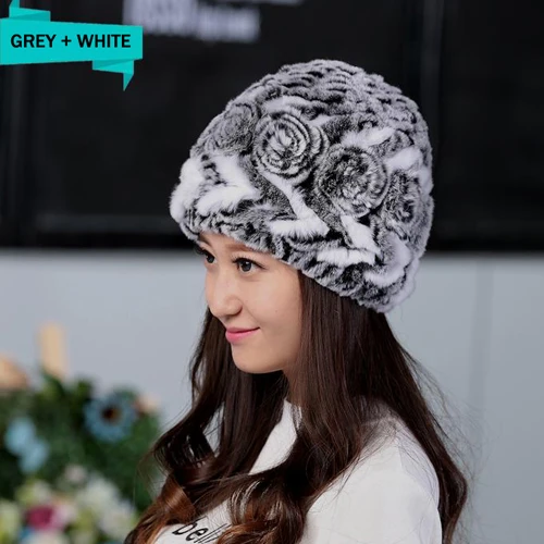 grey and white Новинка, эластичный Настоящий мех кролика, шапка, женская вязаная шапка из меха кролика Рекс, шапка, Россия, зимний полосатый Настоящий мех кролика, шапка s - Цвет: grey and white