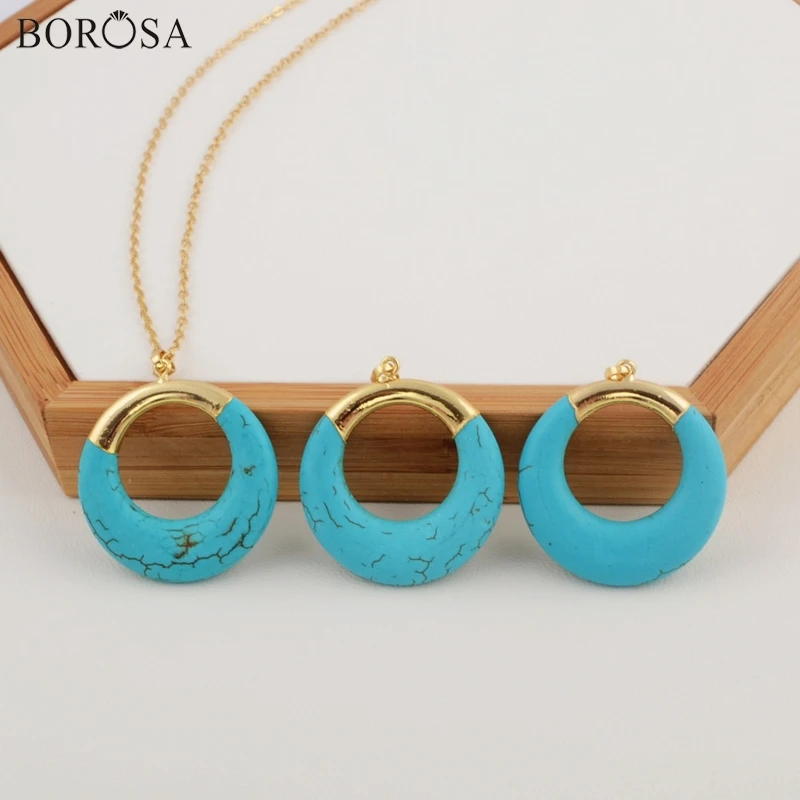 BOROSA Blue Earth Stone ожерелье Круглый Круг натуральная бирюза кулон ювелирные изделия