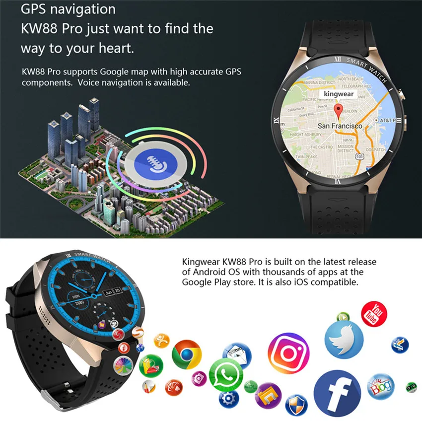 ASKMEER KW88 Pro умные часы Android 7,0 Smartwatch телефон MTK6580 1 ГБ 16 ГБ 3G Wifi gps Bluetooth умные часы 2.0MP Wirstbands
