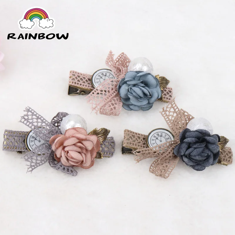 

2pcs/set Fashion Retro Clock Pearl Flower Bowknot Hairpins Children Girls Hair Clips Handmade Barrettes Accessory Headwear