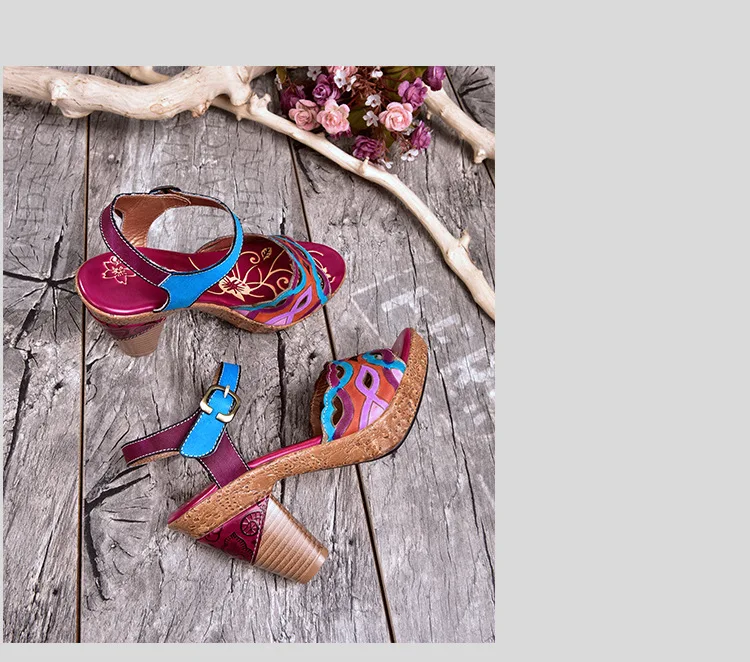 Plus Size Women Sandals 8 CM Super High Heels Chunky Summer Shoes Embroidery Ladies Retro Sandals Genuine Leather Retro Shoes