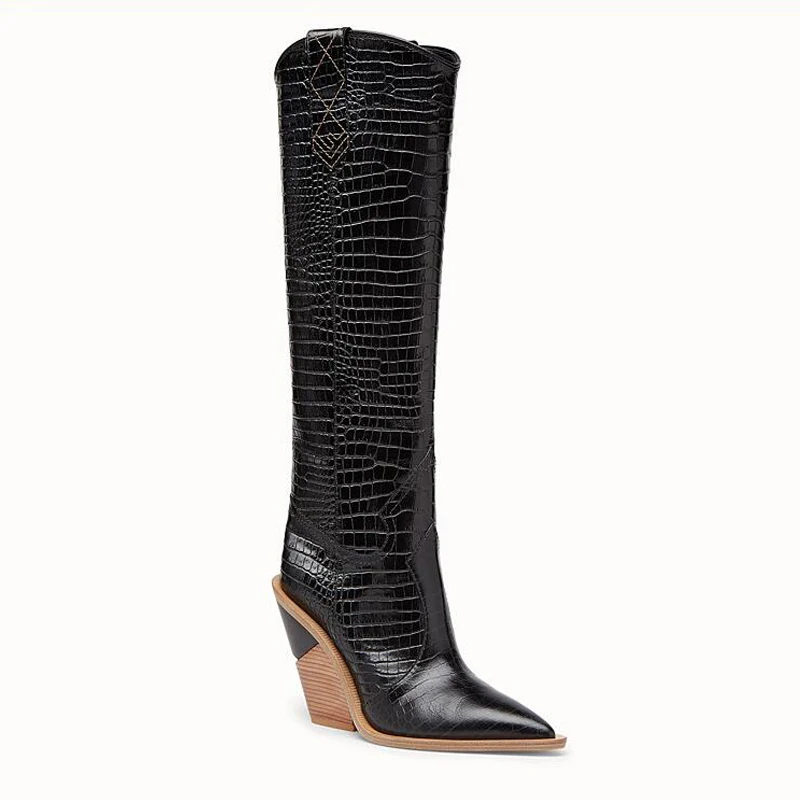 

Sexy Pointed Toe Fretwork Runway T Show Knee High Boots Women Wedges Strange High Heel Knight Boots Western Cowboy Long Boots 39