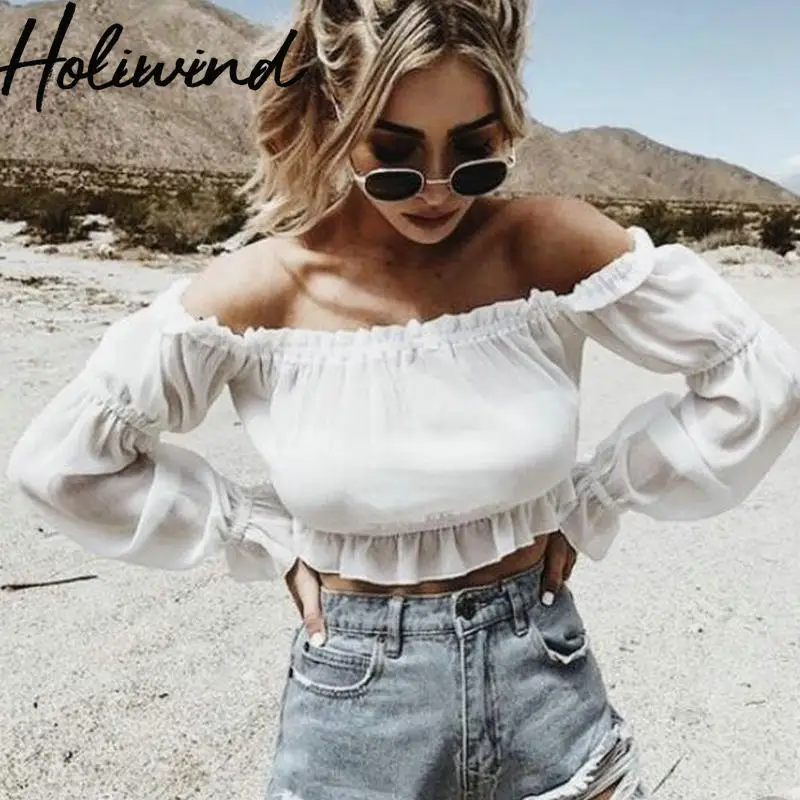 Женская укороченная блузка с открытыми плечами укороченный топ длинными