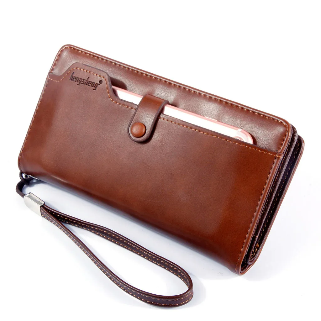 Мужской кожаный бумажник на молнии в стиле ретро однотонный Длинный кошелек