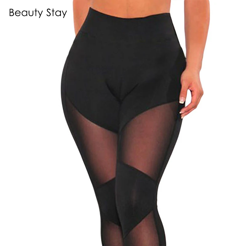 Женские облегающие леггинсы BeautyStay черные с прозрачной сеткой 2018|splice leggings|women