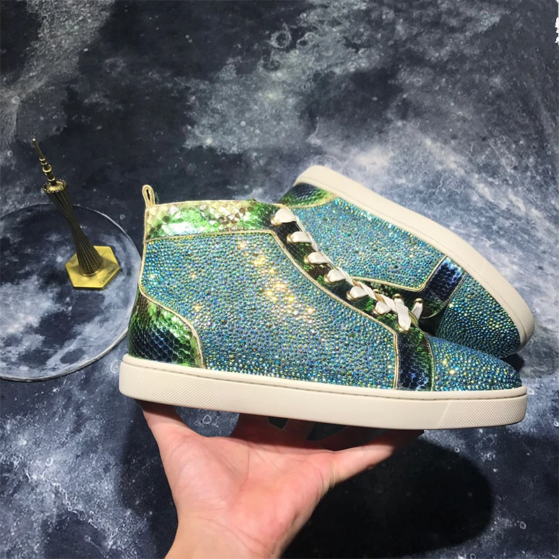 Роскошный дизайн мужские кроссовки зеленый блестящий кристалл с высоким берцем