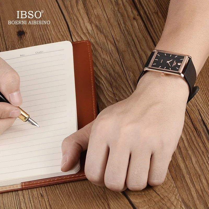 

IBSO Men's Quartz Watch 7MM Ultra-thin Rectangle Dial Quartz Wristwatch Black Classic Business Genuine Leather Strap Watch Men