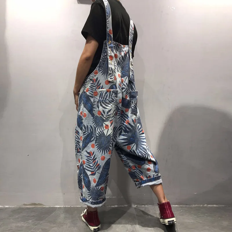

2019 Summer Women Fashion Jumpsuit Hole Make Old Nine-point Jeans Ladies Literary Printing Age-reducing Bib Pants