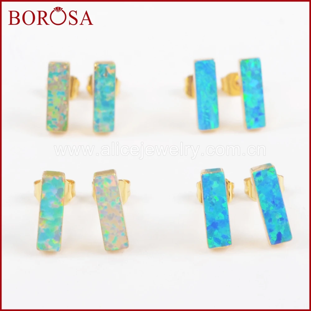BOROSA-pendientes rectangulares de ópalo japonés para mujer, aretes de ópalo de Color dorado, blanco y azul, joyería drusa G1423, 5 pares