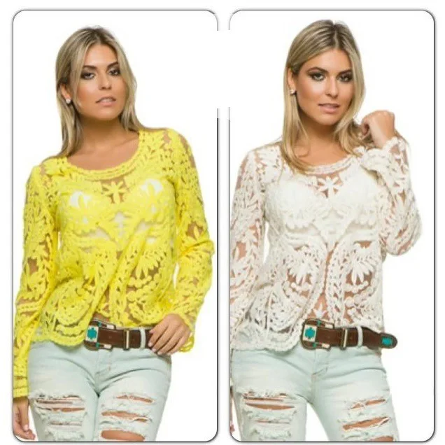 

XXXL 2018 Summer Women Fashion Lace Blouses Hollow Out Shirts Casual Long Sleeve Tropical Tops Blusas Renda Roupas Femininas