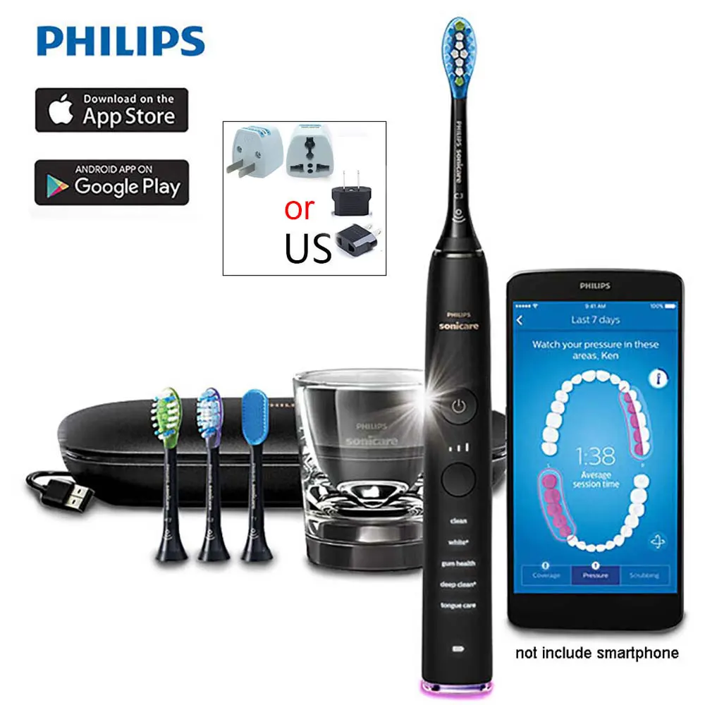 Умная звуковая зубная щетка Philips Sonicare DiamondClean HX9924 с поддержкой приложения с Умной головкой щетки, 5 режимов - Цвет: Black US PLUG