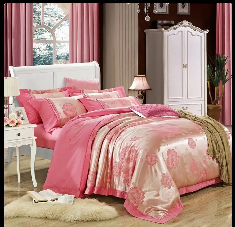 Red Jacquard Wedding Bedclothes Bed Set 4pcs Silk/Cotton Bedding Embroidered Satin Duvet Cover Sheet Cotton Queen King | Дом и сад