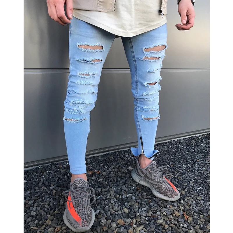 Новинка осени 2017 модные джинсы с дырками мужские длинные брюки облегающие