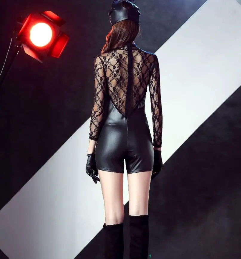 Сексуальное черное боди с длинным рукавом женское кружевное кожаное женский
