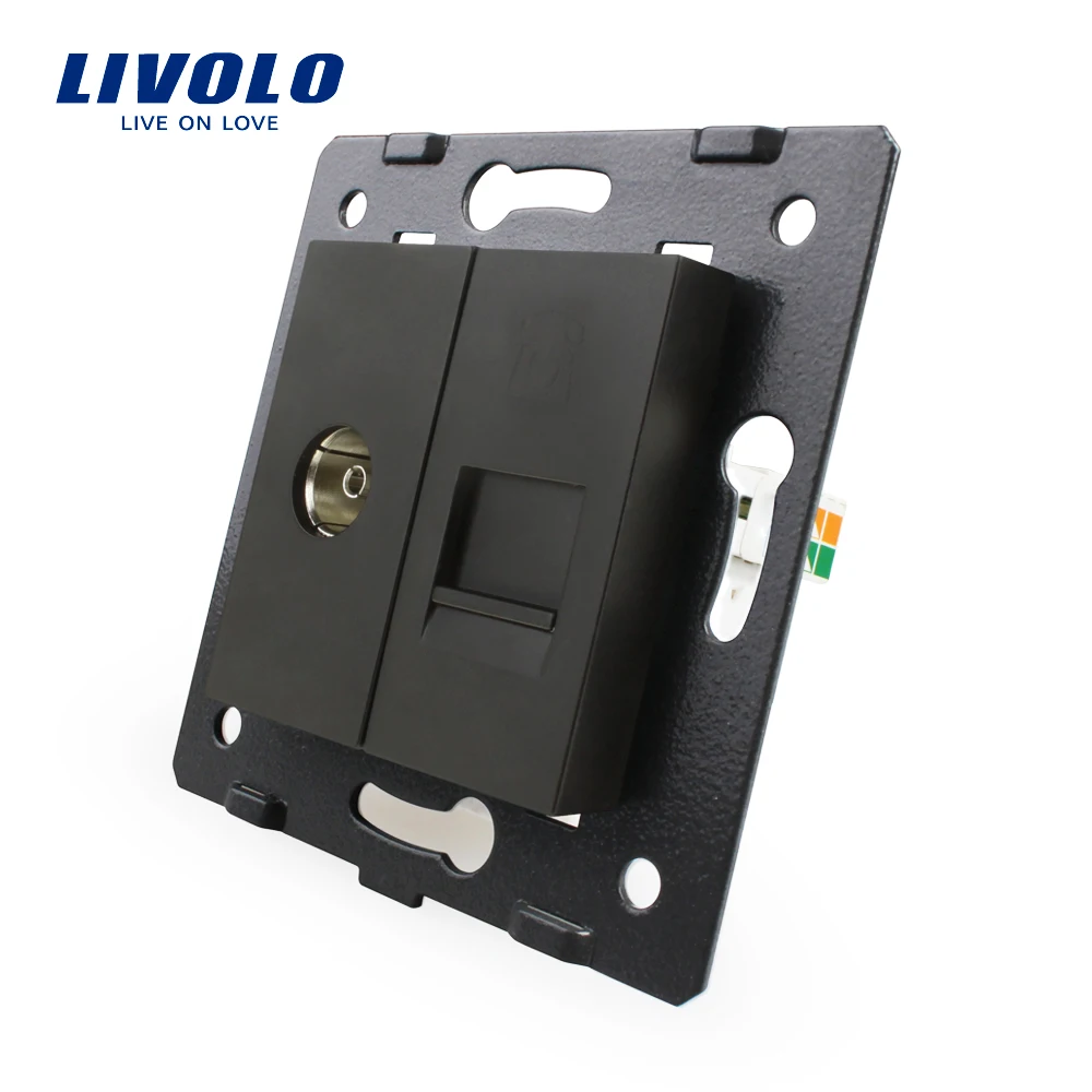 Производство Livolo, белый кристалл стекло панель, 2 банды стены ТВ и тел Socket/Outlet VL-C7-1VT-11, без переходник
