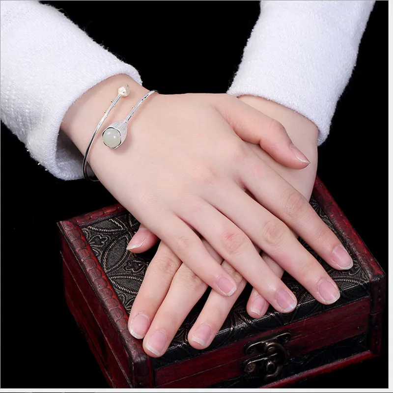 Женский браслет из серебра 100% пробы с натуральным нефритом|Гибкие и жесткие