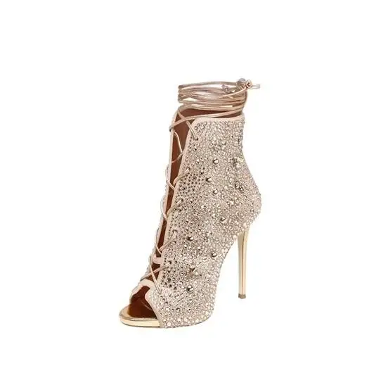 

Hot Sale Champagne Silver Color Peep Toe Ankle Lace Up Sandal Boots Women Summer Autumn Crystal Embellished High Heel Shoes