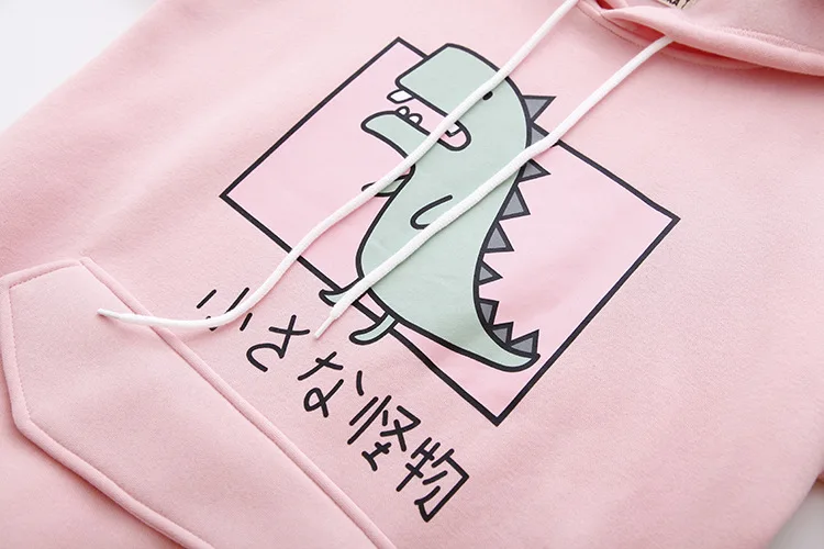 Новинка зимы, Япония, для женщин, Harajuku, с капюшоном, монстр, динозавр, бархатная толстовка, женская, длинный рукав, флис, пуловер, кофты, Pull Femme