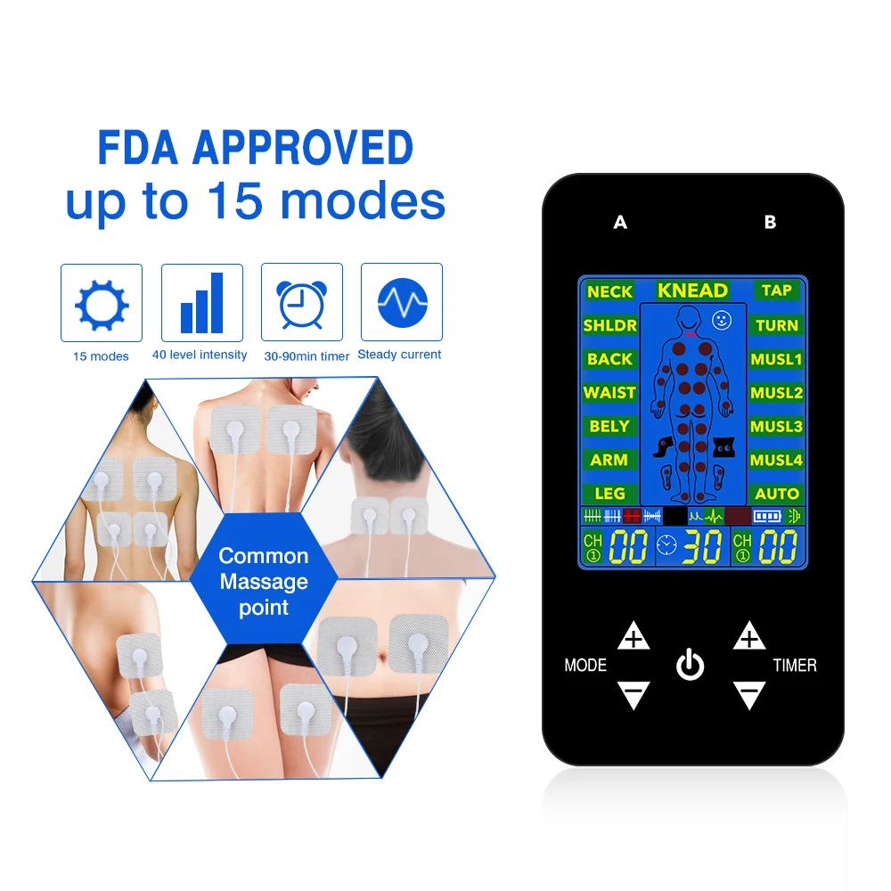 Электронный импульсный массажер FDA TENS Unit 15 моделей 2 канальный ЖК дисплей