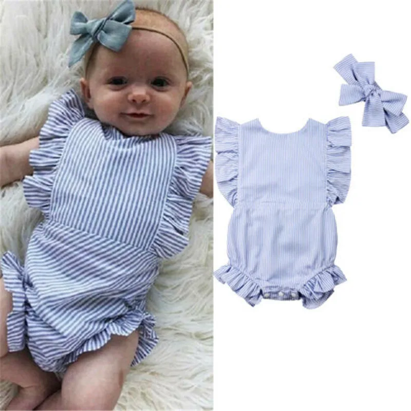 Baby Girl Striped Sets Clothing Summer 2Pcs Ruffles Sleeve Bodysuit Backless Sunsuit Bow Headband Cute Outfits 0-18M | Детская одежда и