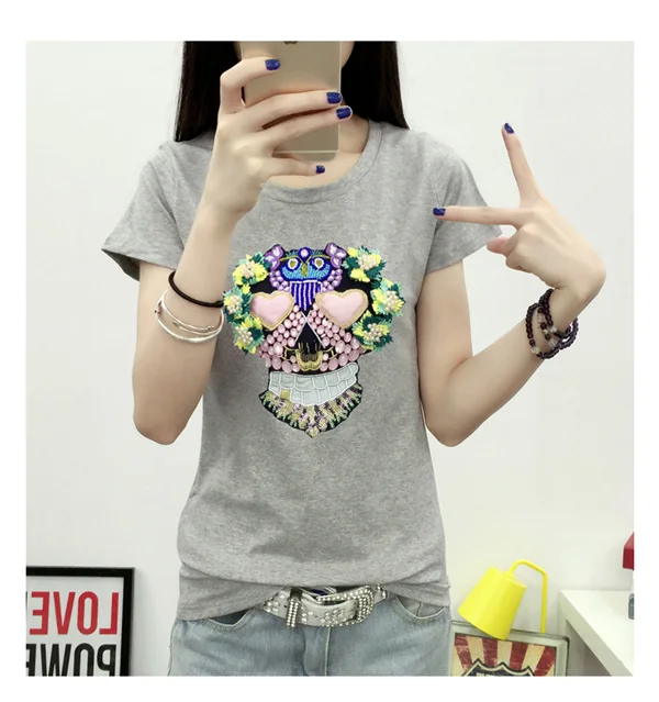 grey short sleeve Летние Ретро жемчужные футболки с вышивкой бусинами для женщин Цветочная вышивка футболка элегантные женские Топы Blusa - Цвет: grey short sleeve