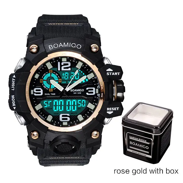 rose gold with box Спортивные мужские часы BOAMIGO F502, водонепроницаемые цифровые наручные часы с хронографом, светодиодный военный аналог, мужские часы с резиновым ремешком - Цвет: rose gold with box