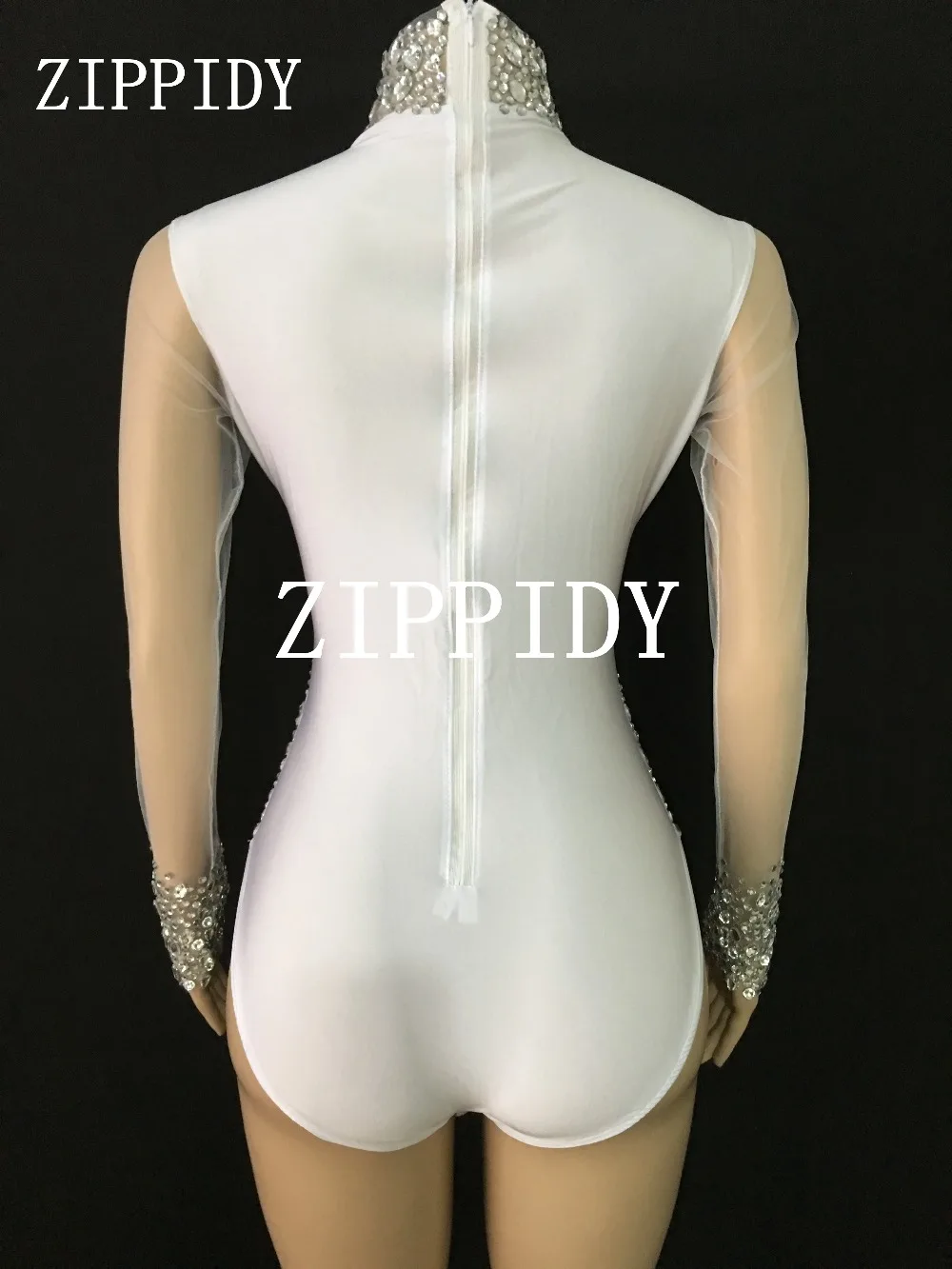 New 6 Colors Rhinestones See Through Bodysuit Big Stones Long Sleeves Sexy Mesh Performance Bodysuit Bar Nightclub Dance Outfit