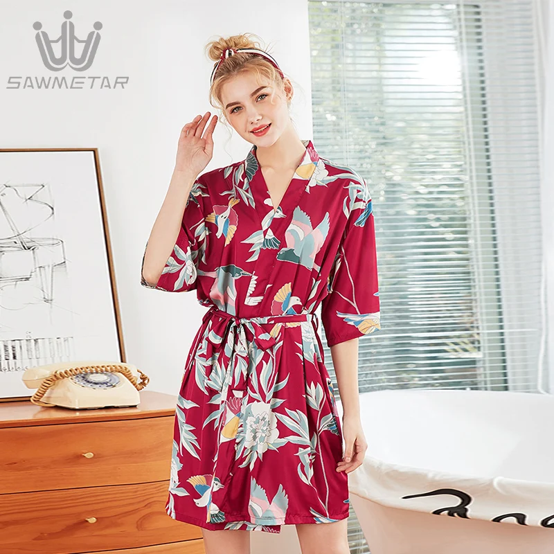 Халат женский атласный Шелковый с цветочным принтом пикантный банный халат для