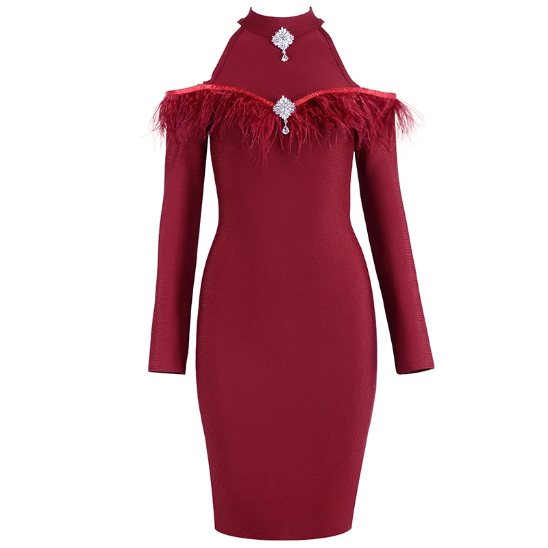Женское винтажное платье с перьями длинным рукавом и лямкой на шее | Женская