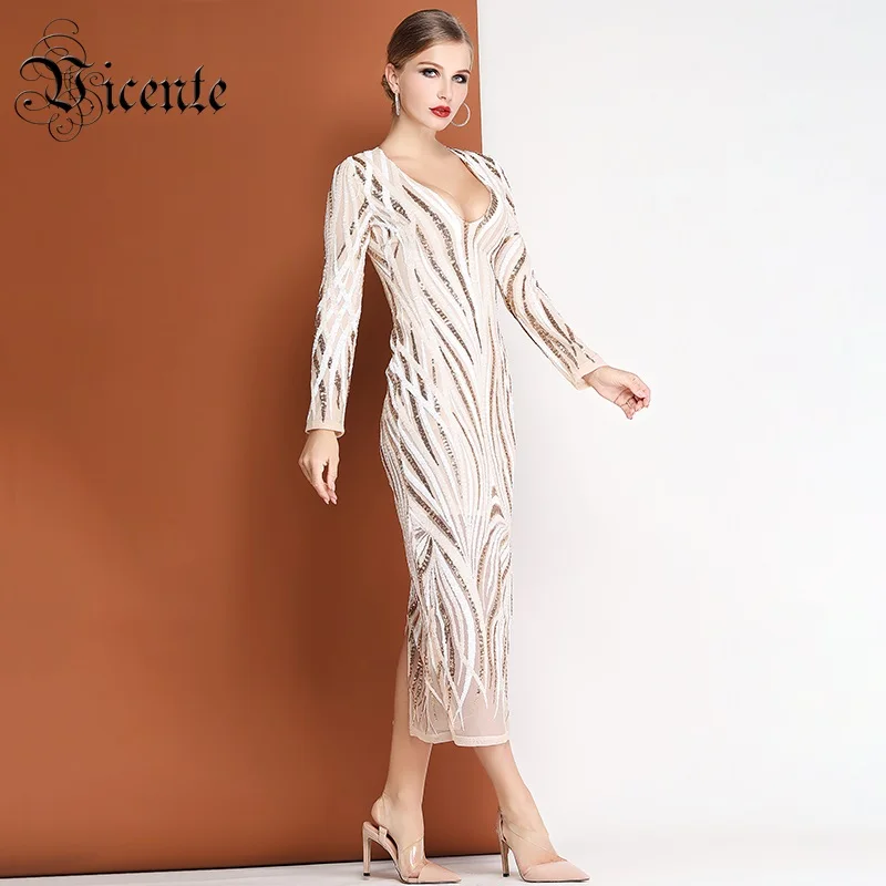 Женское платье с блестками длинное v образным вырезом и длинными рукавами