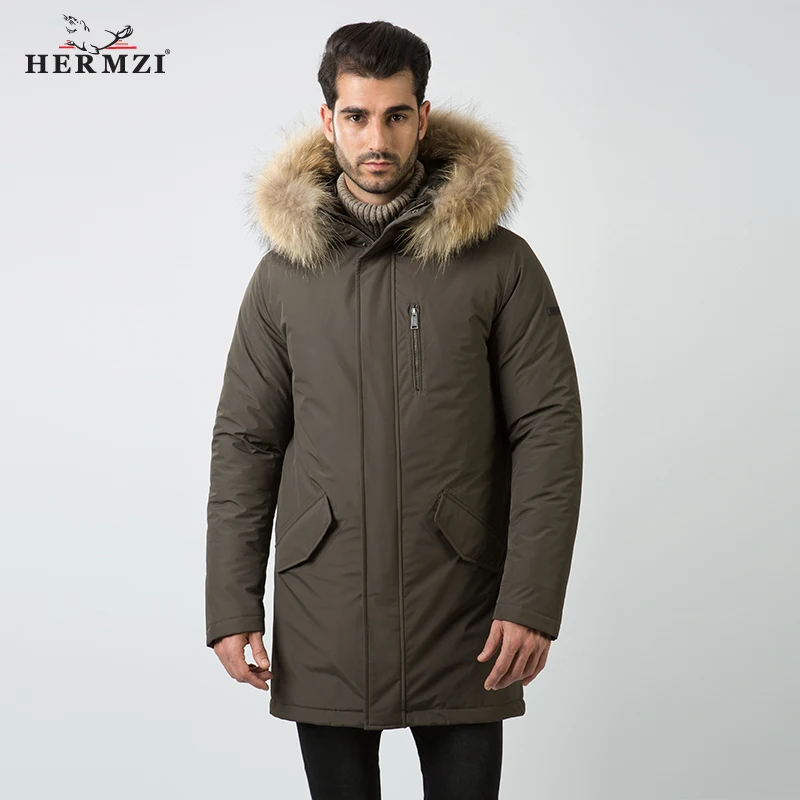 HERMZI 2019 Зимняя Парка Мужская Куртка Длинная Зимнии Куртки Мужские Пальто Мужское