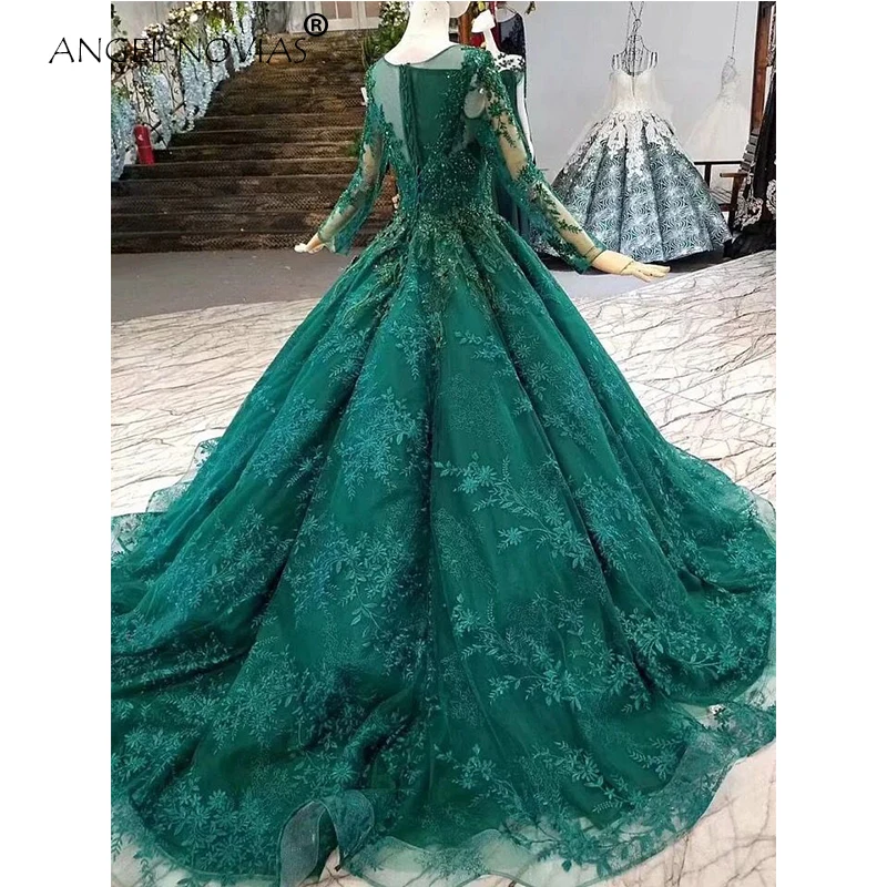 ANGEL NOVIAS кружевное роскошное бальное платье с длинными рукавами зеленое мусульманское свадебное платье из Саудовской Аравии Abito Da Sposa Principess