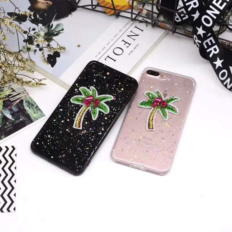 EVANKALX Coconut Palm Tree Printed Soft Case For iPhone 8 7 6 6s Gillter transparent Mobile Plus Clear Capa |