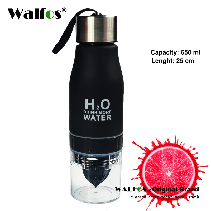 WALFOS, пищевая бутылка 650 мл, H2O, лимонный сок, фруктовая бутылка для воды, посуда для заварки, посуда для напитков на открытом воздухе, портативный шейкер, Спортивная бутылка - Цвет: Black