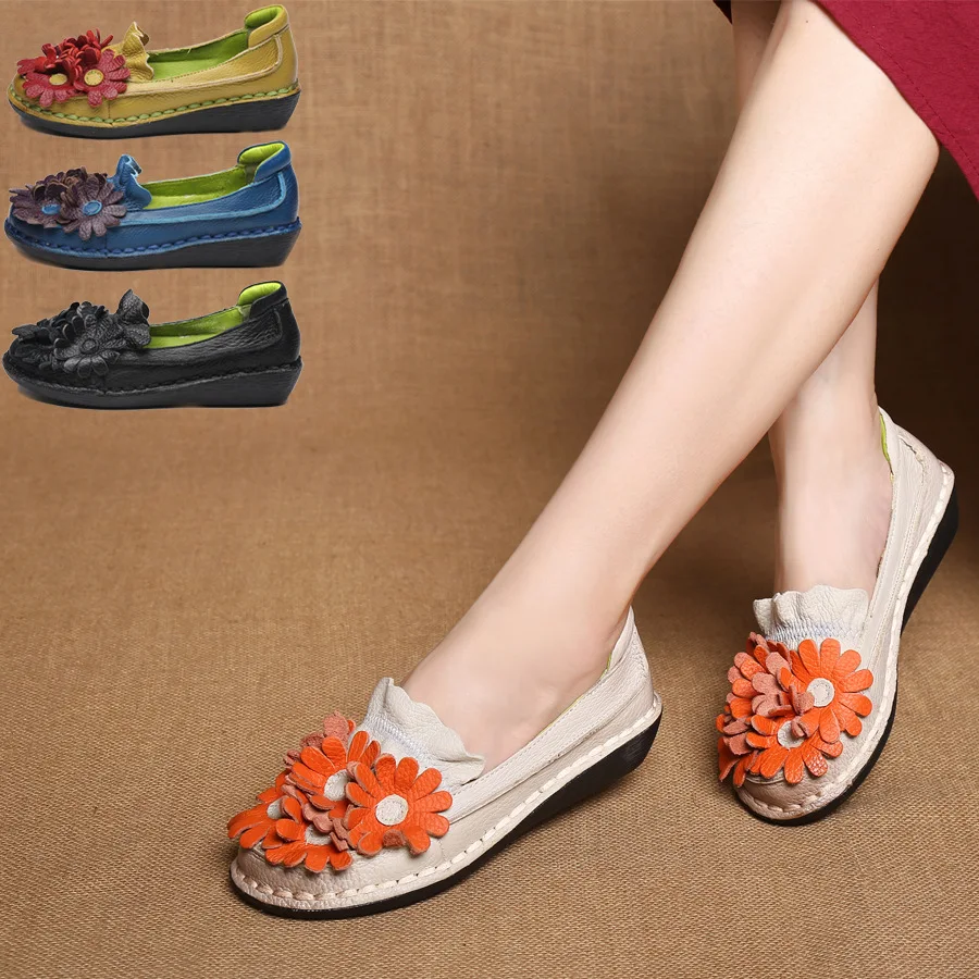 

New National Flowers Handmade Genuine Leather Shoes Women Retro Soft Bottom Flat Shoes Summer Canvas Ballet Flats espadrilles