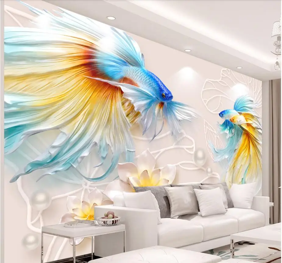 Пользовательская фотография роспись 3d обои ткань тиснение золотой рыбка Лотос