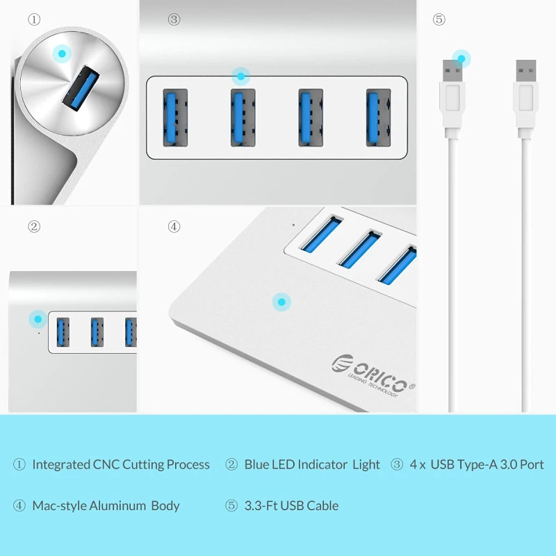 ORICO Серебряный Мини-разветвитель алюминиевый 4 порта USB 2 0 3 концентратор