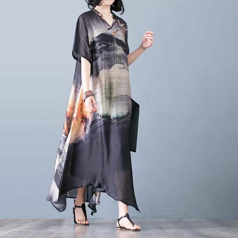 Летнее платье с v-образным вырезом большие размеры короткий рукав пейзаж картина