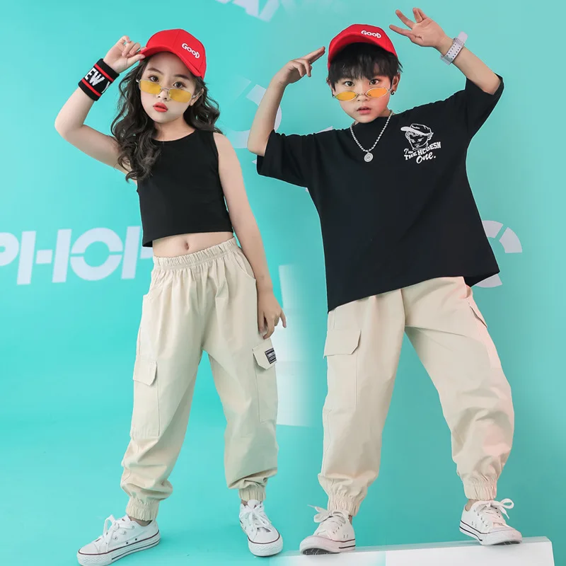 Детский костюм в стиле хип хоп черная футболка майка и штаны для джазовых танцев