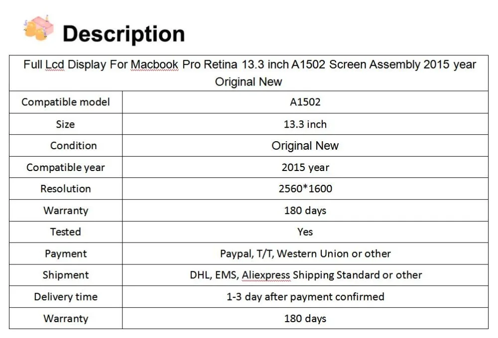 Полный ЖК-дисплей для Macbook Pro retina 13,3 дюймов A1502 экран в сборе год