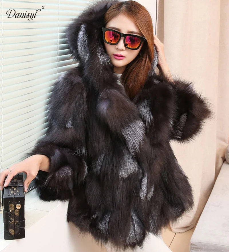 2017 роскошный новый Для женщин зима Настоящее Silver Fox меха с капюшоном пальто