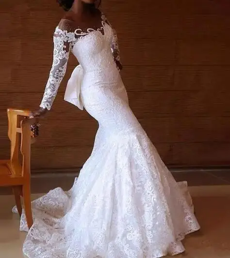 White South Africa Mermaid Wedding Dresses Sheer Jewel Neck Long Sleeve Lace Wedding Dress Custom Made Long Sleeves Bridal Dress - Color: White