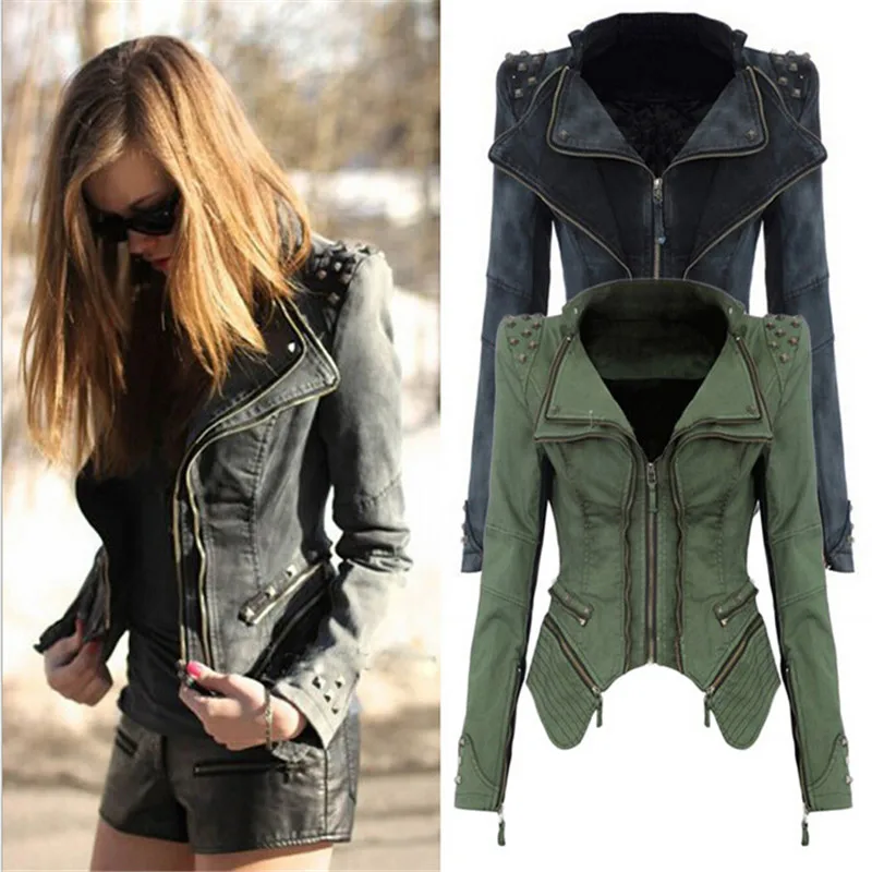 

Новая модная женская джинсовая куртка тонкая молния винтажная мотоциклетная куртка с заклепками панк Casaco Feminina Jaqueta жакет-болеро
