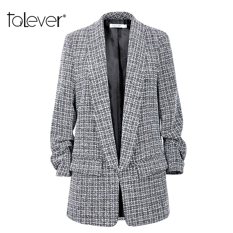 Women Thick Tweed Plaid Blazer Female Three Quarters Sleeve Slim Fit Jacket Winter Office Lady Spring Jackets Outerwear Talever | Женская