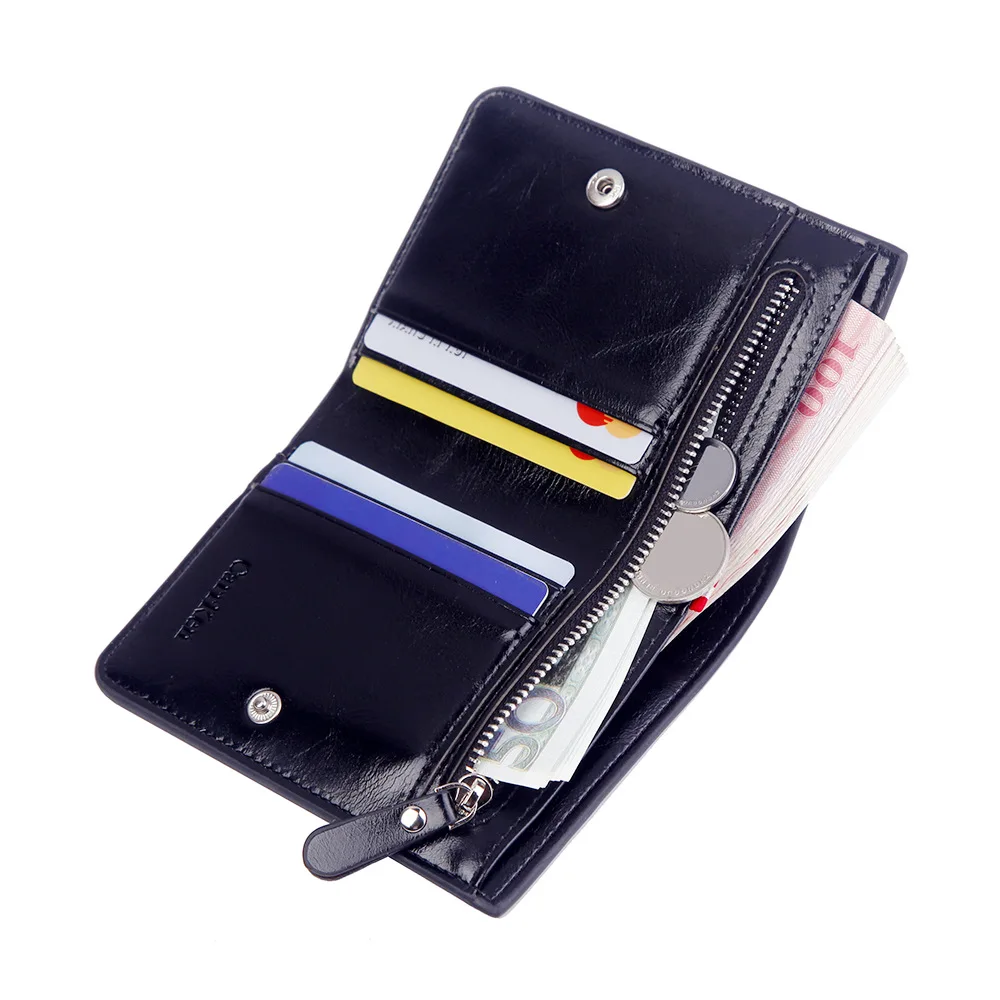 New Oil Wax Leather Men Wallet Fashion Short Bifold Card Holder Casual Soild Men Purse With Coin Pocket Male Zipper Money Bag images - 6