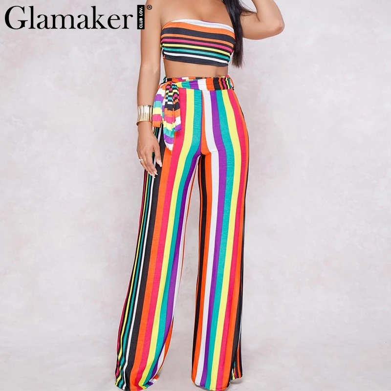 Glamaker Boho костюм из двух предметов, полосатый соблазнительный комбинезон-Ромпер, пояс с высокой талией, укороченный Летний комбинезон, женский комбинезон без бретелек