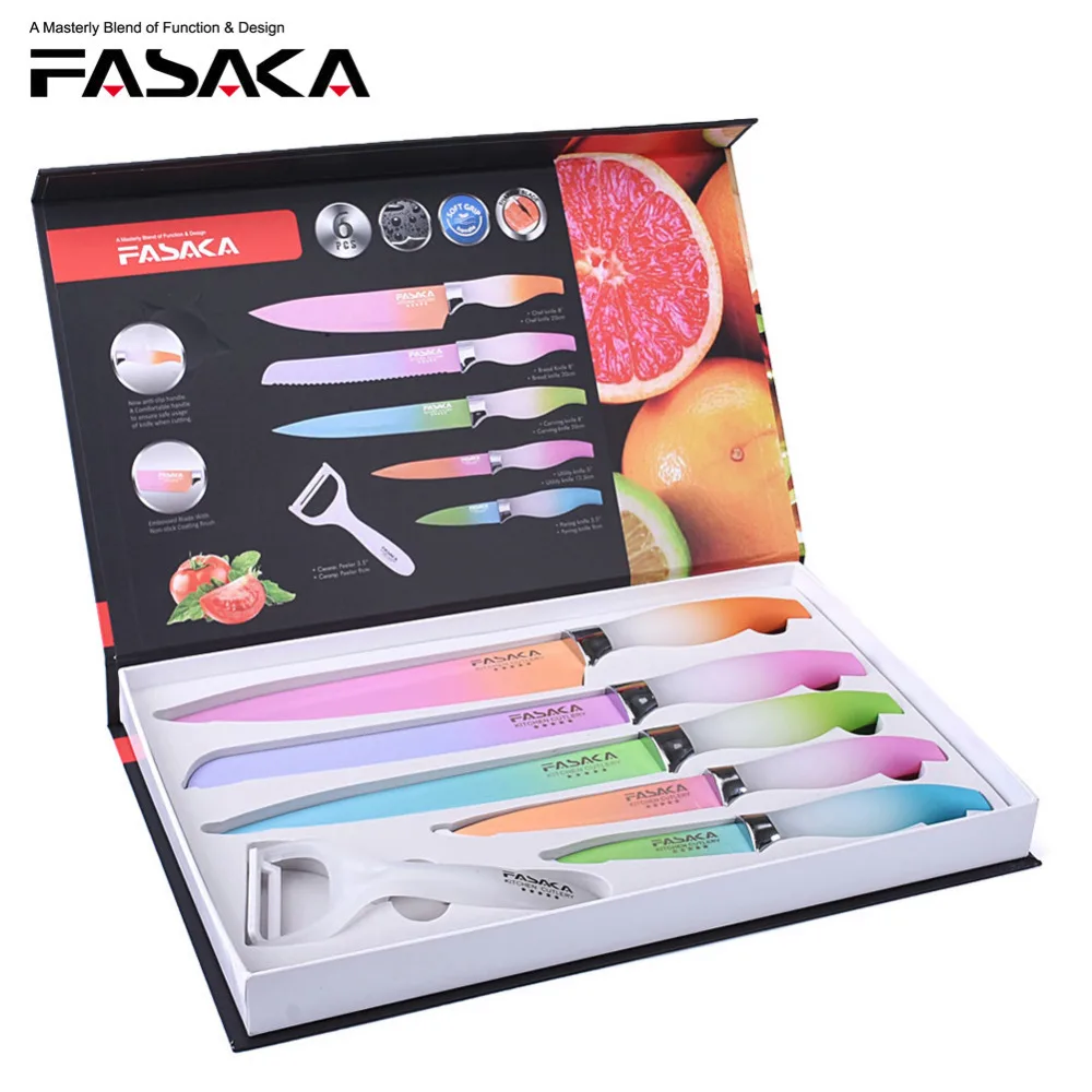 FASAKA Нержавеющая сталь Кухня Ножи комплекты 6 шт. 8 ''повар хлеб резьба 5'' Utility