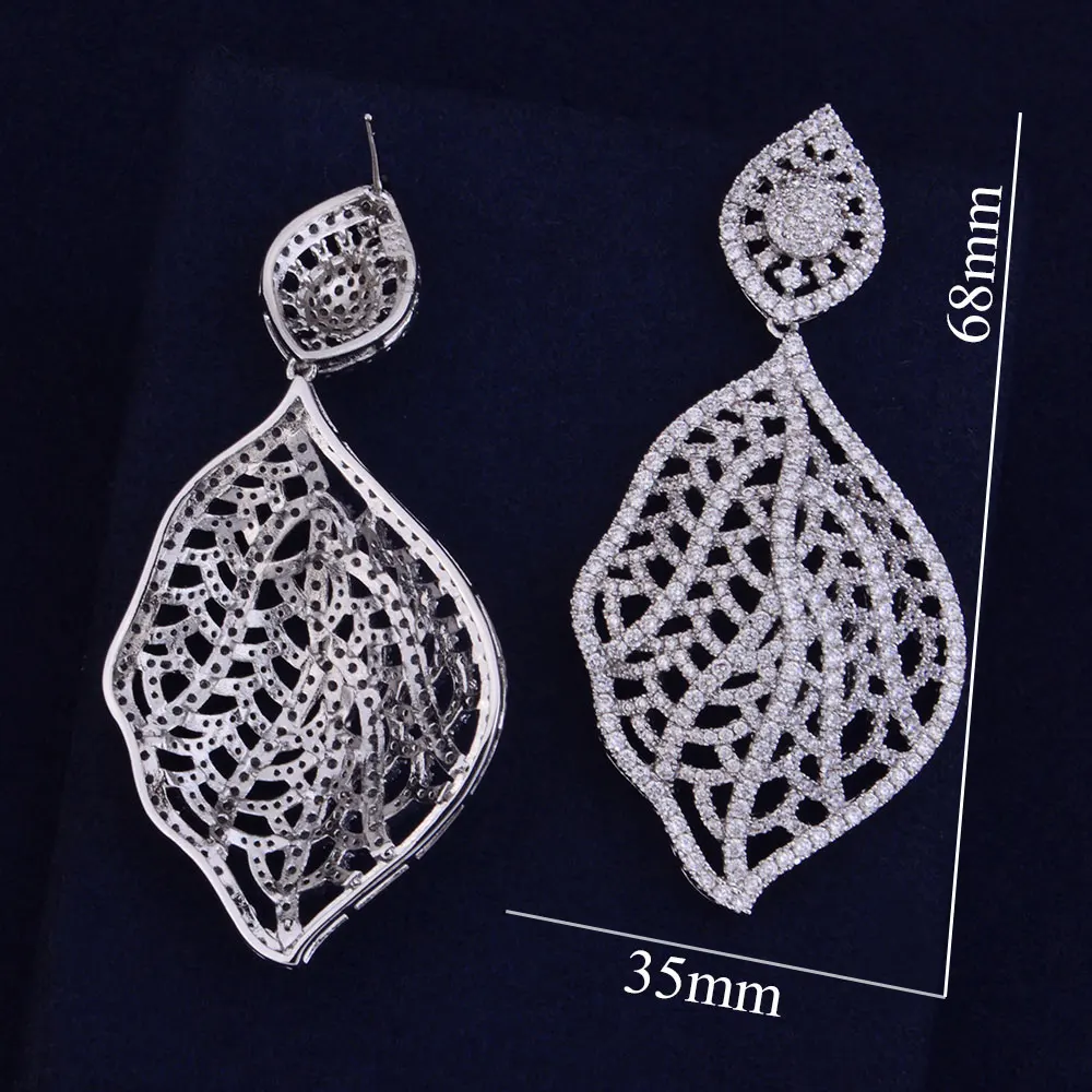 Женские серьги GODK 68 мм роскошные с пустотелым листом и фианитом|earrings fashion|women fashion